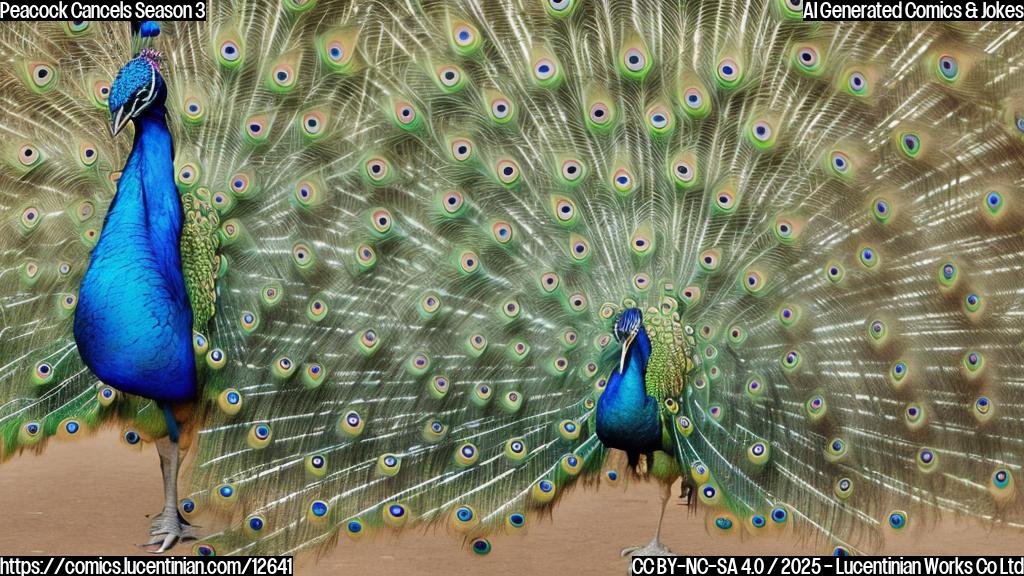 A plain color cartoon style picture showing a sad-looking peacock with its feathers drooping. A TV remote control lies broken on the ground nearby.