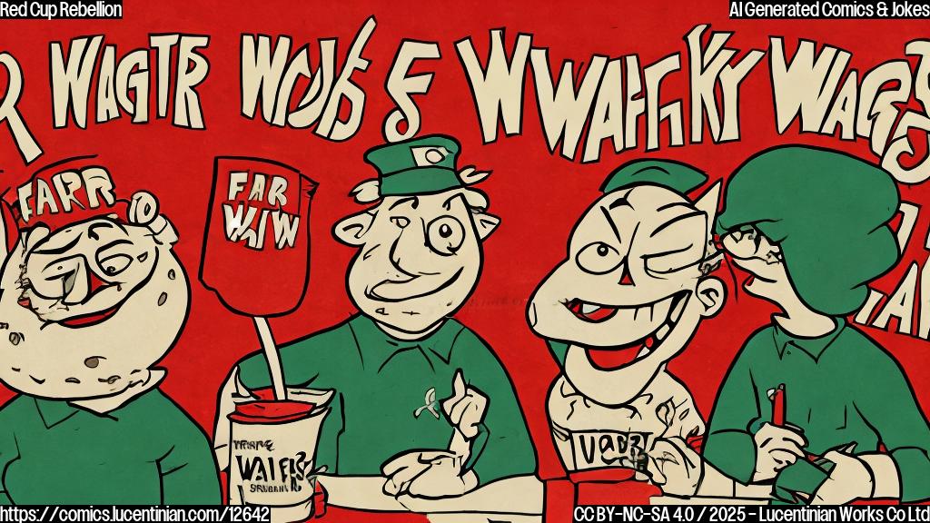 Cartoon image of a red Starbucks cup with picket sign saying "Fair Wages Now!", against a plain yellow background.