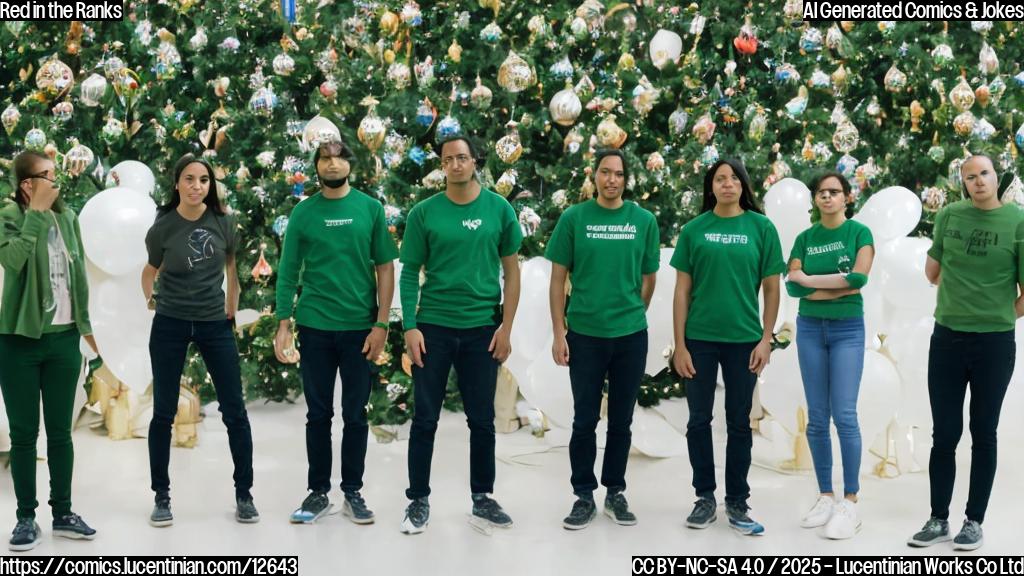 A group of 5 people wearing green clothing and standing together with a single person in blue clothing looking disappointed, against a background of white house politics themed decorations.