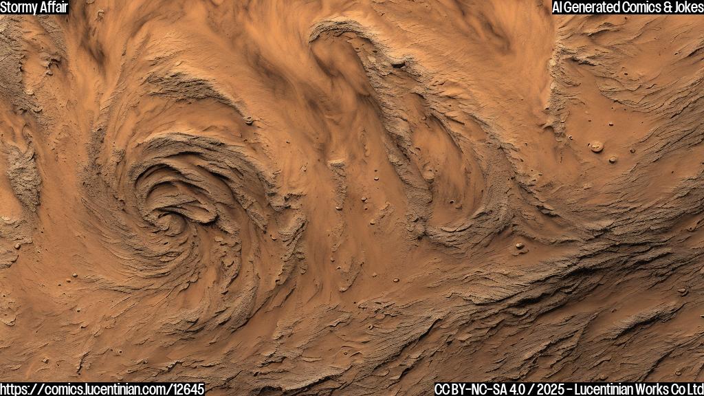 A swirling cloud of reddish-brown dust with a hint of orange and yellow, swirling across the Martian landscape. The dust particles are depicted as small, rounded shapes, suspended in mid-air. In the background, a subtle outline of the planet's terrain can be seen, with faint lines indicating the paths of ancient riverbeds. The overall effect is one of dynamic movement and turmoil.