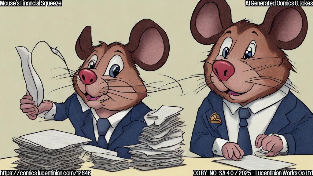 A plain color cartoon style image of a worried-looking anthropomorphic mouse with big round ears sitting at a large desk piled high with papers. The mouse is wearing a business suit that seems too tight. The papers have graphs showing downward trends. The background is a simple, neutral color.