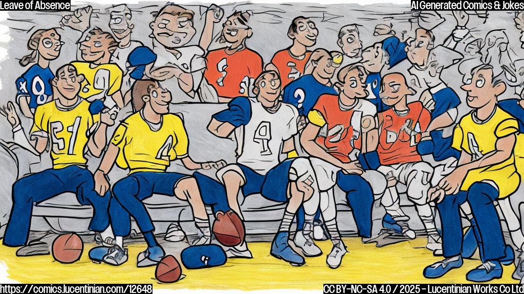Draw a plain color cartoon style picture of a person sitting on a couch with a football in hand, surrounded by confused teammates, while another teammate looks at a watch on their wrist.