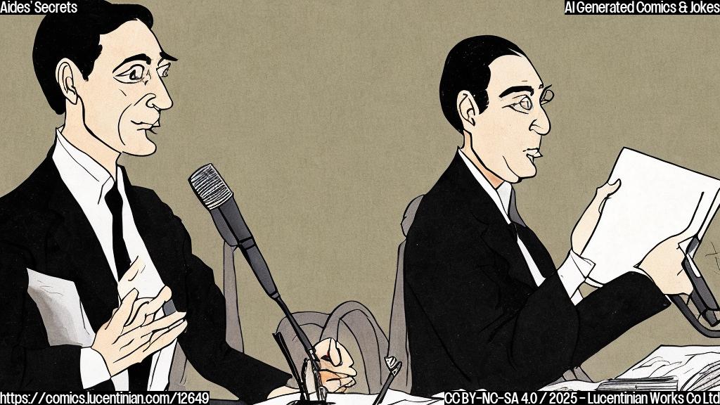 a plain color cartoon style picture of a slightly harried-looking person in a dark suit whispering into a microphone with a reporter's notebook nearby. The background is a simple, solid color.