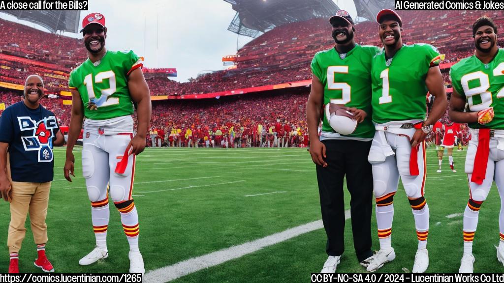 Draw a cartoon-style image of two confident-looking people, one wearing a buffalo costume with a smile, and the other wearing a Kansas City Chiefs jersey with an equally confident grin. Both are standing in front of a football field, with a subtle green glow around them to represent their "unconquerable" mindset.