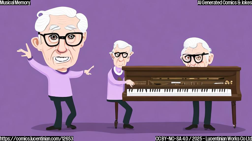 cartoon style, a light purple background, an elderly person with white hair and glasses struggling to carry a comically small upright piano.