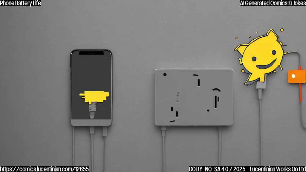 A plain color cartoon style image of a smartphone with an oversized battery attached to it, sitting next to a wall outlet. The smartphone has a smiling face.
