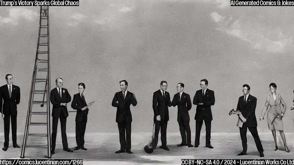 a group of conservative world leaders standing on a podium, looking up at a ladder with a red "X" marked through it in the background, with a cityscape in the distance