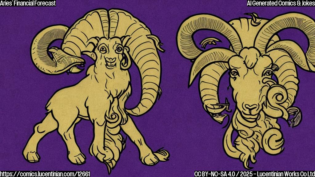 A cartoon-style drawing of a ram (Aries symbol) looking confused while holding a wallet. The background is a plain light purple.