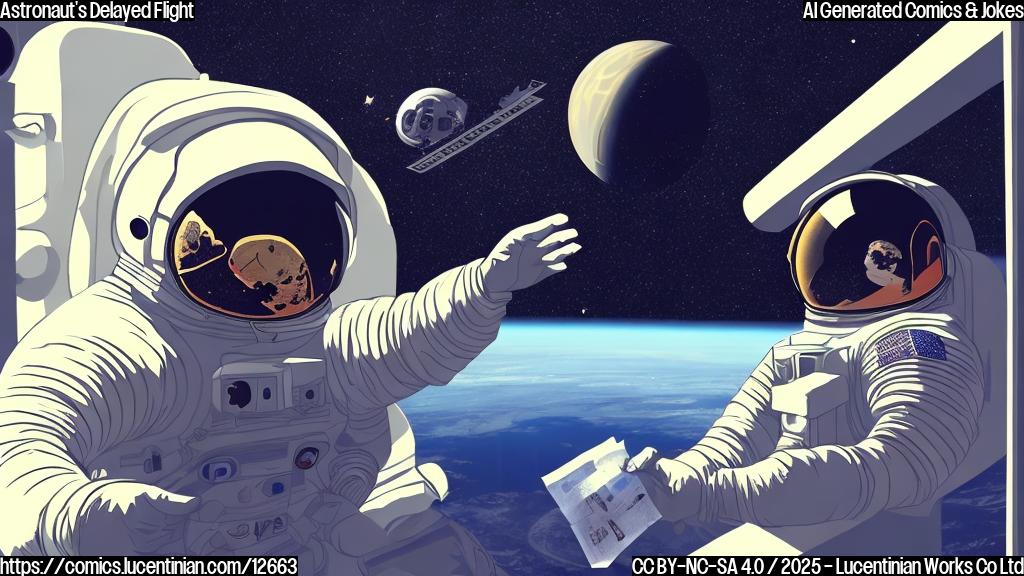 A simple cartoon image. An astronaut with a spacesuit is waving sadly from a space station window. Outside the window, some space debris floats with a parking ticket attached. The style should be plain and colorful.
