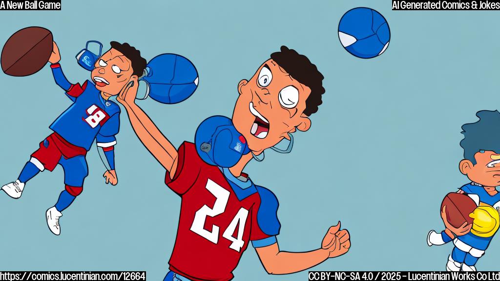 cartoon style, plain light blue background, an excited football player wearing a generic red and blue uniform (no logos), nervously holding a baby bottle, and a microphone wearing rapper wearing a colorful dress in the background looking angry.
