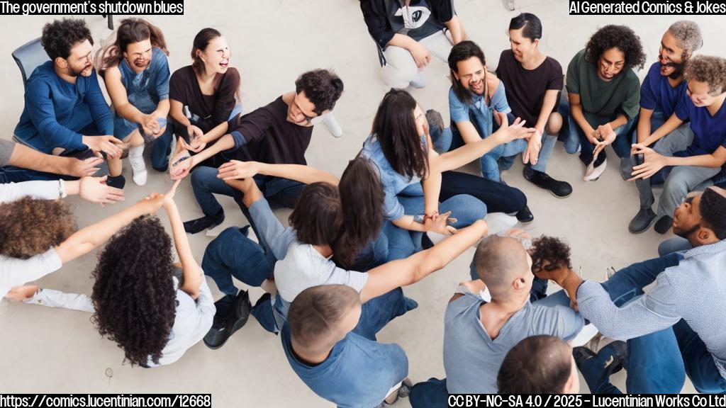 A group of people are sitting in a circle, with one person holding a microphone. The person speaking is pointing at another person in the circle, who is covering their ears and shouting "I'm not listening!" The other person is smiling and nodding in agreement, while the rest of the circle is laughing and high-fiving each other.