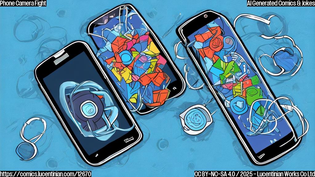 Cartoon style image of two modern smartphones facing each other like boxers in a ring, one old and slightly pixelated, the other sleek and clear, on a plain light blue background.