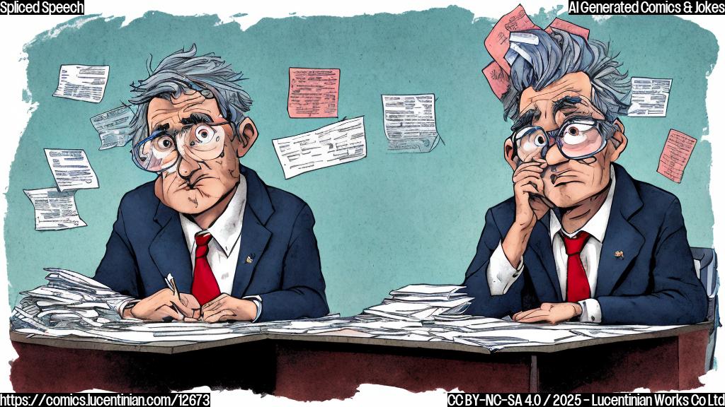 Cartoon image. A distraught news editor with messy gray hair and wearing a crumpled blue suit sits at a desk piled high with papers. A red speech bubble above their head shows disjointed words and phrases seemingly randomly connected. The background is a plain light yellow.