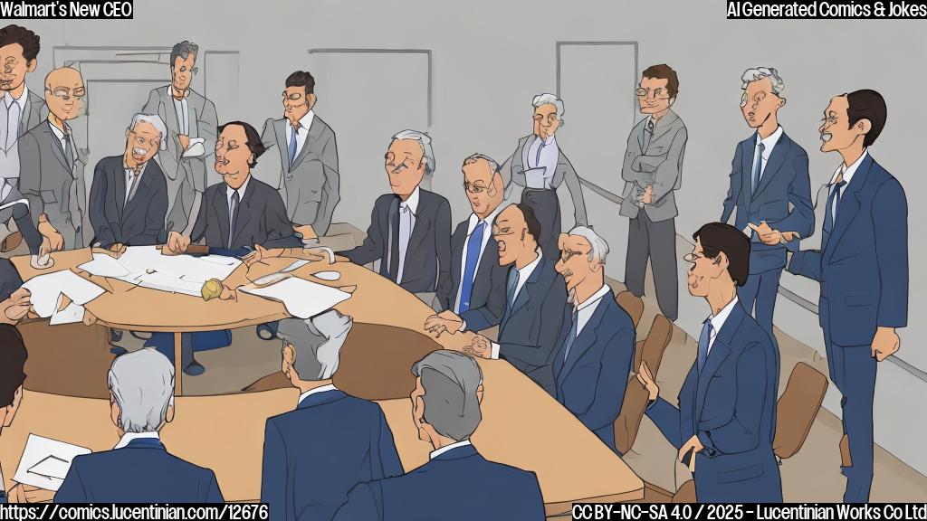 A cartoon drawing of a generic grocery store board meeting. A man with short gray hair and a blue suit points to a younger-looking man with brown hair in a similar suit, both standing at a table. The table is surrounded by generic board members looking on with smiles. The background is a plain blue.