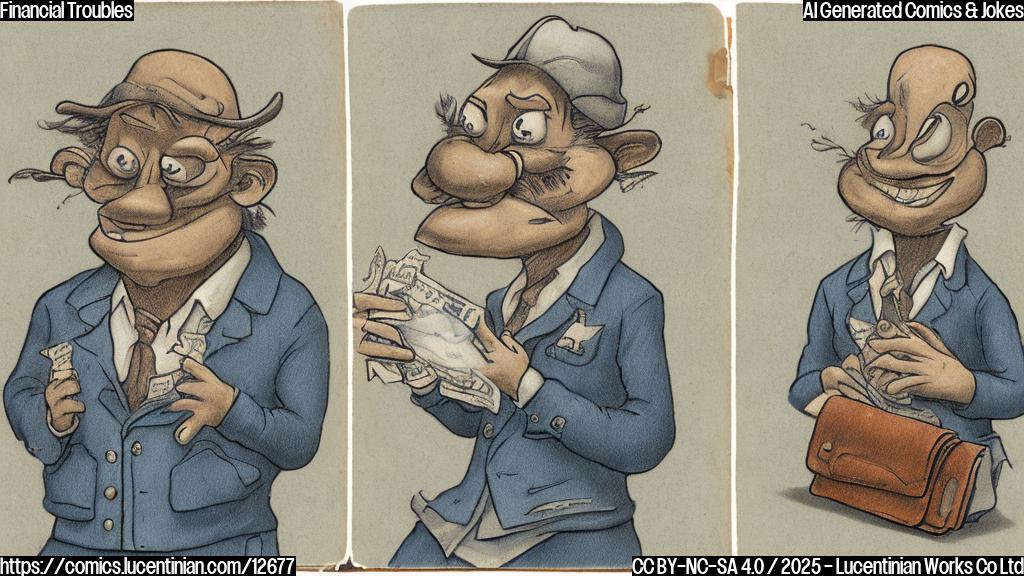 A cartoon drawing of two anthropomorphic wallets sitting back-to-back with sad expressions, one wallet is clearly worn and tattered, the other wallet looks slightly newer but also stressed. The background is plain light blue.