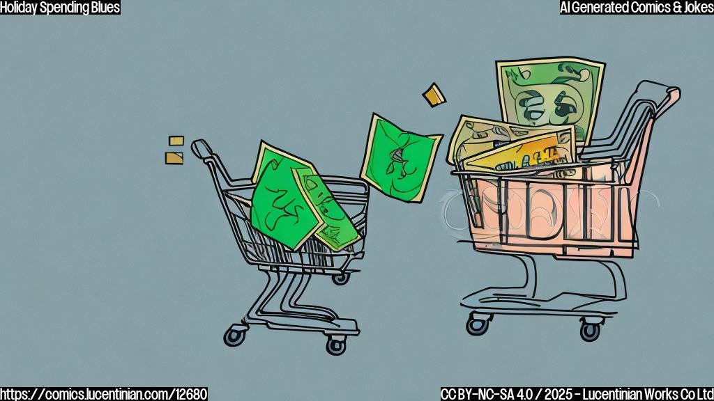 A plain color cartoon style image depicting a sad looking shopping cart with a single, wilted dollar bill inside. The background is a simple, light blue.