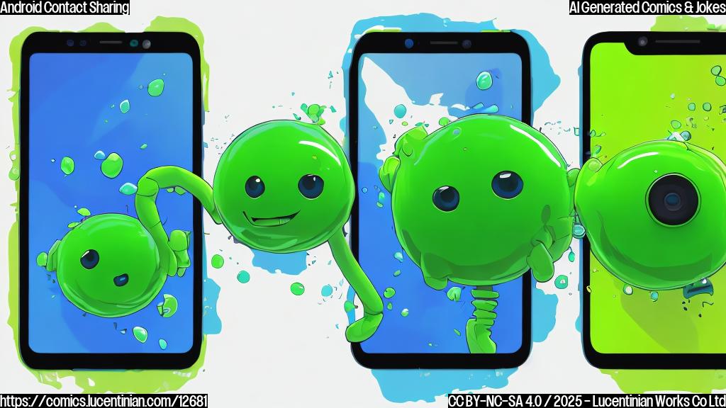 Plain color cartoon style image of two generic smartphones, one green and one blue, facing each other. The green phone looks nervous with sweat drops, while the blue phone looks eager and has an outstretched hand icon appearing on its screen.
