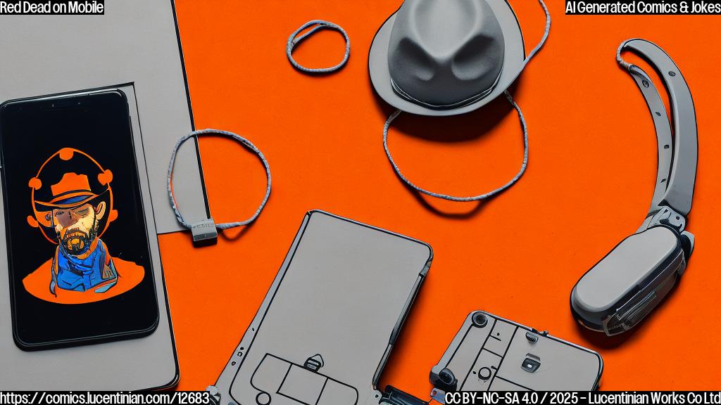 A minimalist cartoon image with a plain orange background. In the center, a stylized smartphone displays the Red Dead Redemption game cover. To the left, a simplified image of a cowboy, complete with hat and lasso, looking puzzled at the phone. To the right, a cartoonish current-gen console, with a controller resting on top, looking sad.