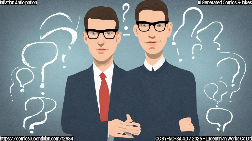 a plain cartoon style image of an economist with glasses, looking stressed and holding a complicated graph, with question marks floating around their head. The background is a simple, solid color.