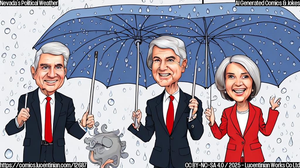 Cartoon image of two senators, one with short gray hair and the other with long brown hair, standing under a large umbrella labeled "Nevada Politics". Raindrops are falling from either side of the umbrella, labeled "Democratic Disapproval" and "Republican Disapproval". The senators look slightly worried. The background is a simple, plain color background.