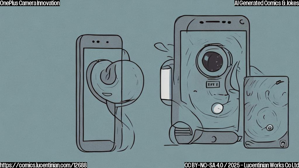 A cartoon illustration of a smartphone with a comically oversized camera lens, peeking out from behind a wall. The background is a plain light blue color. The style is simple and cartoonish.