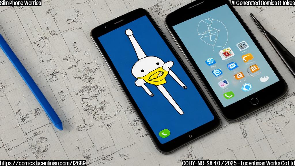 A worried cartoon smartphone with a large screen, looking nervously at a ruler measuring its thickness. Background is a simple blue.
