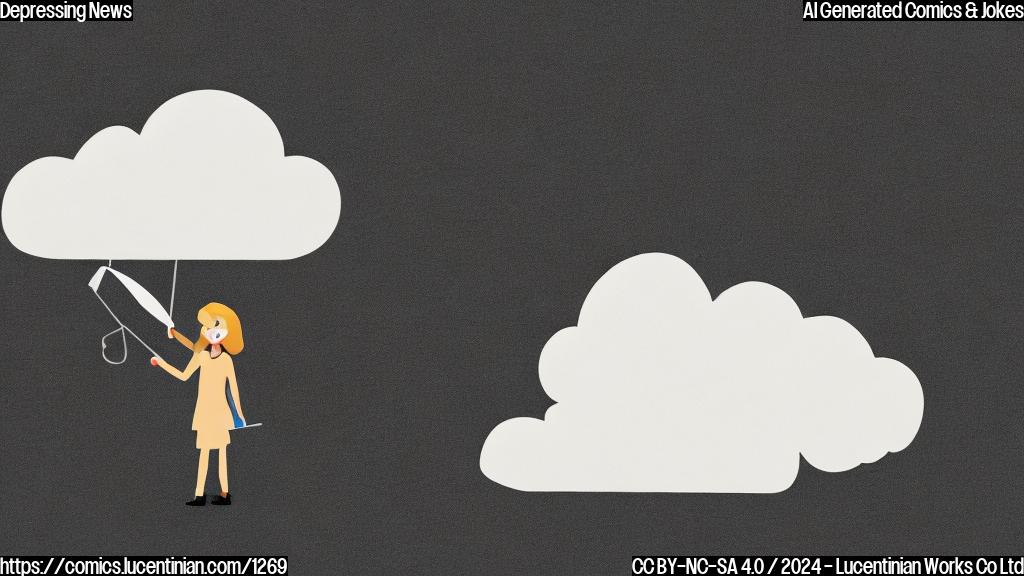 Draw a cartoon of a tropical storm with a cloud-shaped face holding a therapist's notebook and an umbrella. The background should be a blurred cityscape with dark clouds.