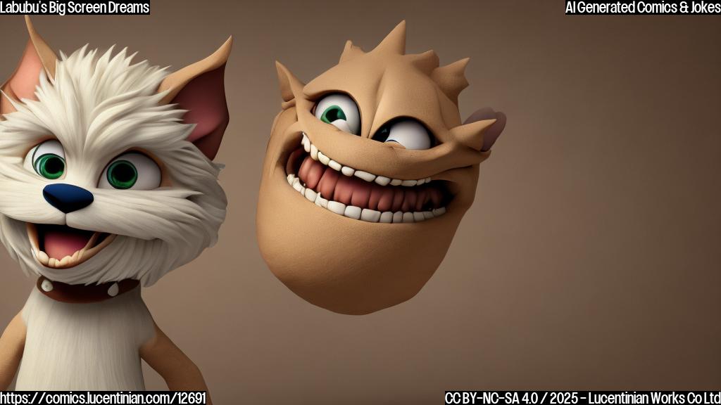 a plain color cartoon style image of a beige furry monster toy with big pointy ears and a mischievous grin, eyes wide with excitement, jumping in the air.