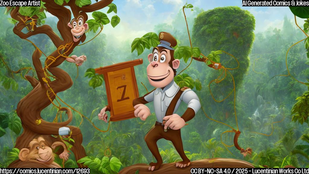A cartoon style image of a zookeeper in a uniform holding a comically oversized ladder, looking worried. In the background, a stylized plain color jungle scene with an ape swinging from a vine can be seen.