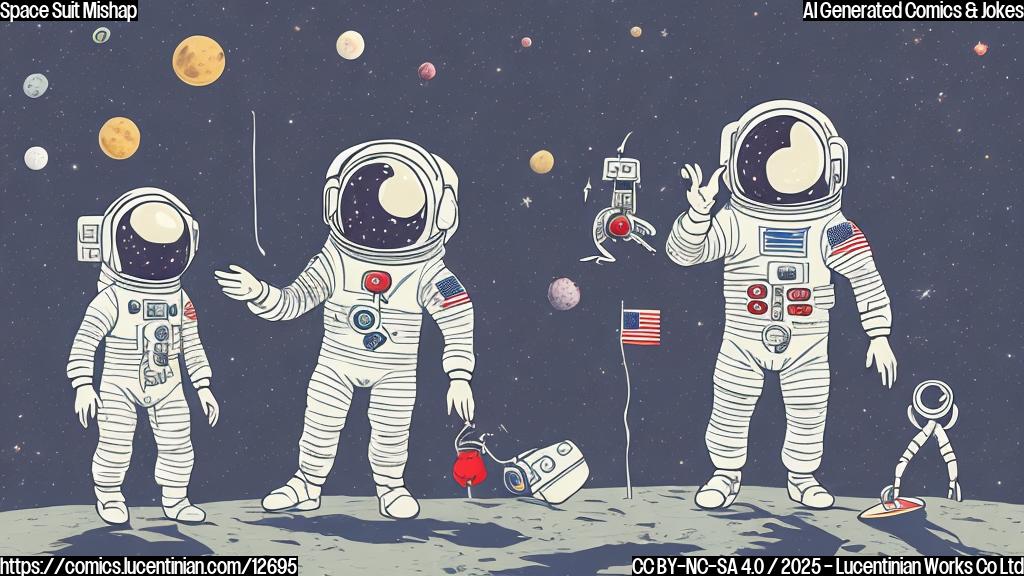 A cartoon astronaut looking frustrated while standing in front of a tailor shop. The tailor, an alien with multiple arms, is holding a measuring tape and looking confused. The astronaut's space suit appears ill-fitting, with parts sticking out awkwardly. The background is a simple, plain color.