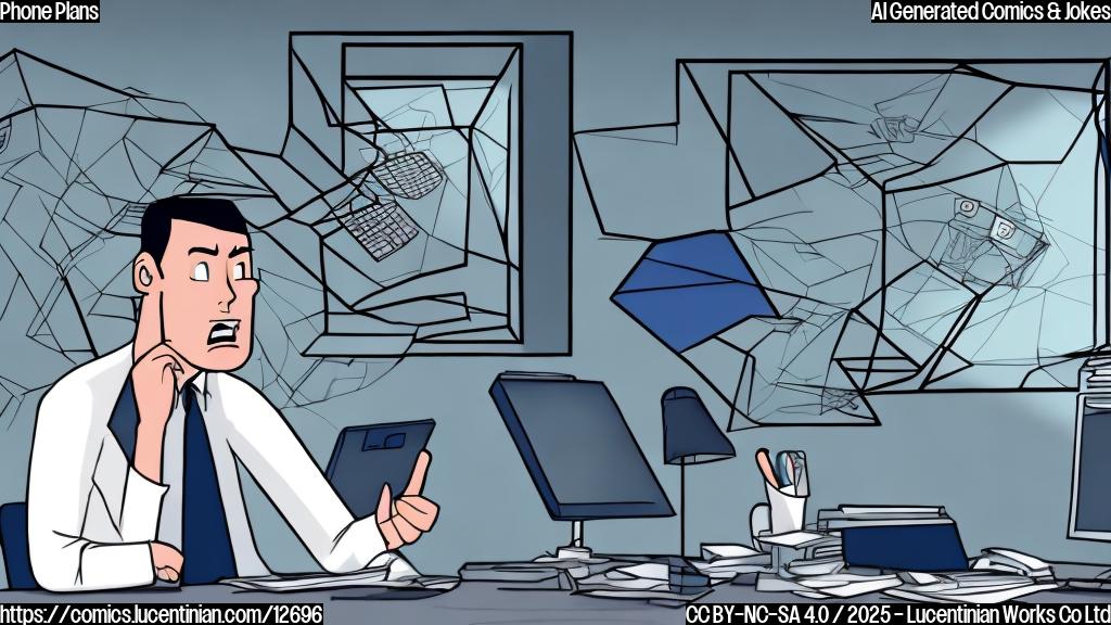 Cartoon of a stressed-out person at a desk covered in blueprints, throwing their hands up in the air in exasperation. The desk has a computer showing a sleek phone design on the screen. In the background, a window shows a shadowy, futuristic phone design that is obviously superior.