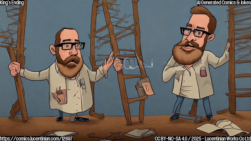 Cartoon image of an author with glasses and a beard, carrying a very tall ladder, looking frustrated. In the background, there is a movie screen with the words "The Ending" flashing. The color palette is plain and cartoonish.