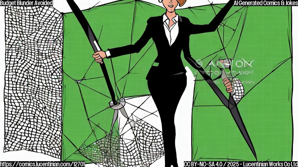 a cartoon of a serious woman in a business suit standing near a large graph showing an upward trend, but she is holding a giant pair of scissors pointed away from the graph. The graph is green and healthy looking. The style is plain, bright colors.