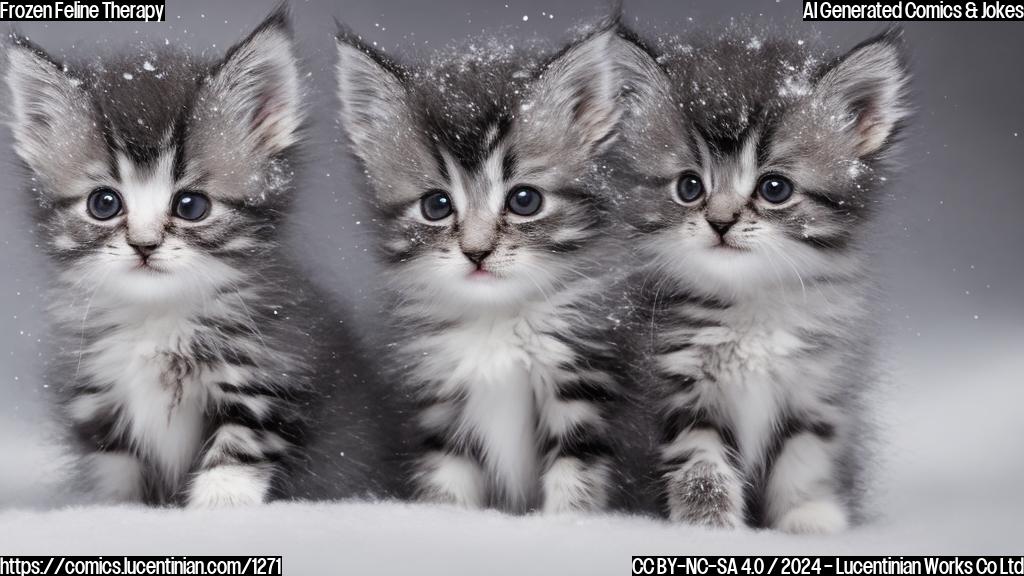 Draw a cartoon-style image of a small, fluffy kitten (about 3 weeks old) in a snowy environment, with broad paws and brown fur. Incorporate the theme of therapy or counseling into the artwork.