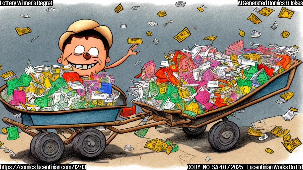 A cartoon drawing of a large, overloaded wheelbarrow filled to overflowing with cartoon money bags. The wheelbarrow is being pushed by a small, overwhelmed-looking cartoon character with a huge grin and sweat dripping from their forehead. The background is a plain pastel color.