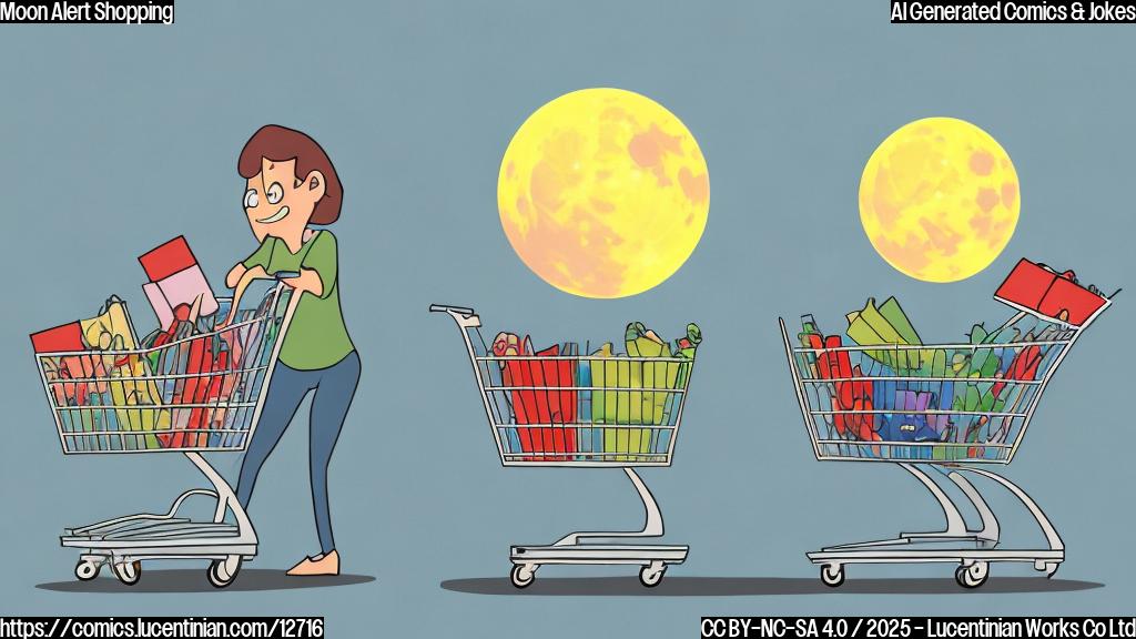 A plain color cartoon style picture of a person pushing two shopping carts filled with various items like groceries and gadgets. The moon is visible in the background with an alarm clock attached to it.