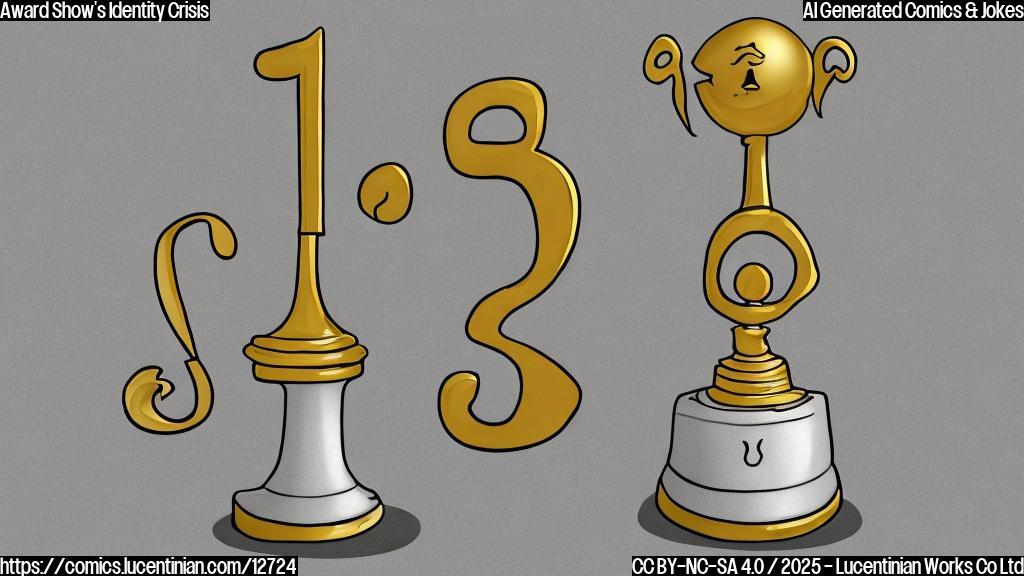 a plain light gray background cartoon drawing of a confused looking golden trophy with big eyes and a question mark above its head.