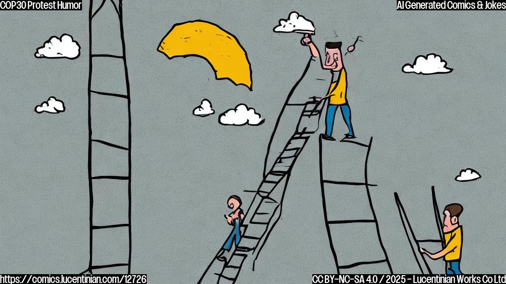 A plain color cartoon style picture of a climate protester with a determined expression carrying a comically oversized ladder towards a generic looking conference building. The sky is a single, bright color.