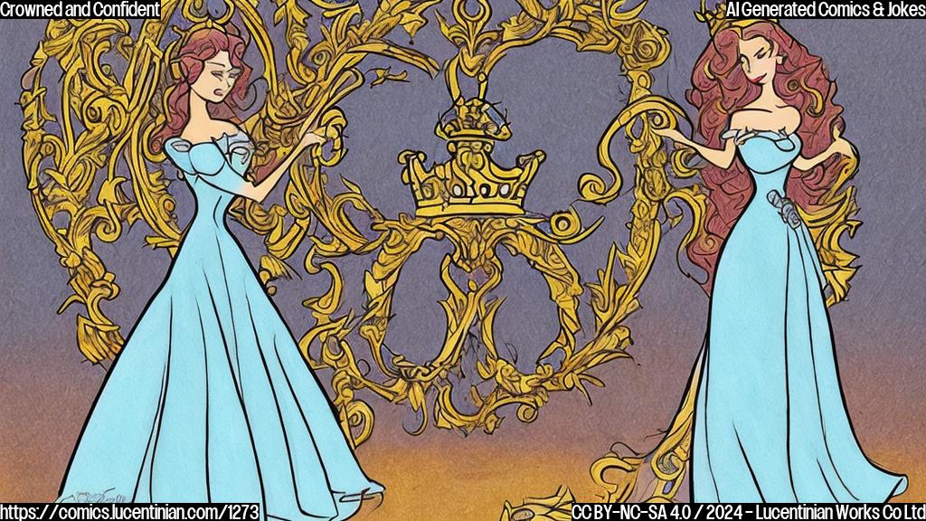 Draw a plain color cartoon style picture of a beautiful woman with a stunning evening gown, holding onto something for support as she stands confidently in front of a stage with a fallen crown on the floor.