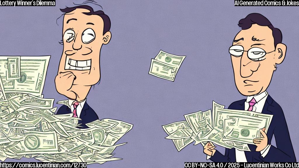 A simple cartoon illustration of a person with a huge pile of money looking stressed and confused while holding a giant tax form. The style is plain colors and the background is a light blue.