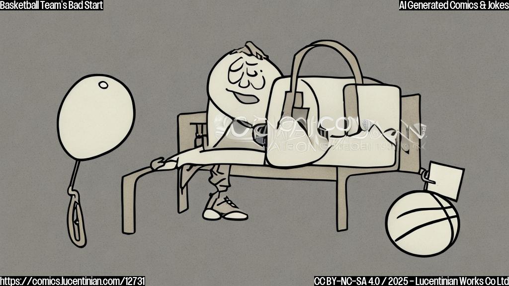 A plain color cartoon style picture of a basketball with a sad face sitting on a bench with a coach's whistle next to it. The basketball is sweating.