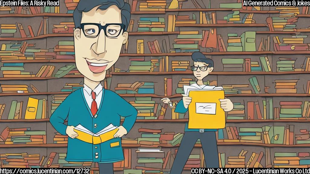 Cartoon illustration of a nervous librarian with thick glasses and a cardigan, hesitantly holding a large, ominous-looking file labeled "Confidential Documents". The background shows rows of bookshelves slightly askew, suggesting unease. The overall style is simple and brightly colored.
