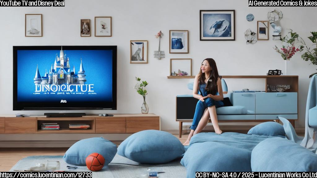A light blue cartoon style image of a relaxed person watching TV with a remote in hand. The TV screen shows various sports icons and a Disney castle logo. The room is simple and modern with minimalist furniture.
