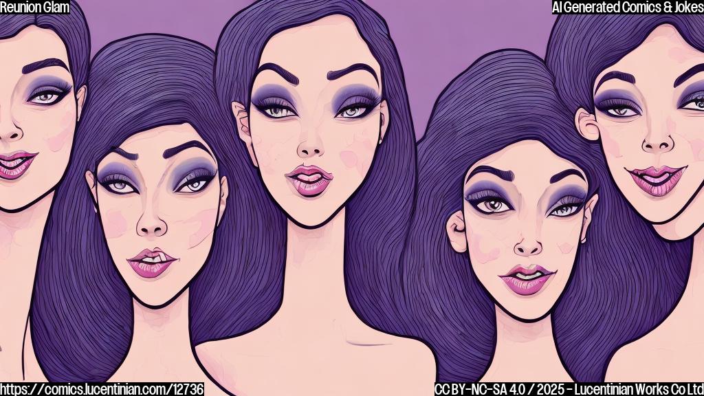 Three cartoon women with exaggerated features and glamorous makeup are crowded together, smiling broadly. The background is a plain light purple. The style is simple and cartoonish, with bold outlines and flat colors.