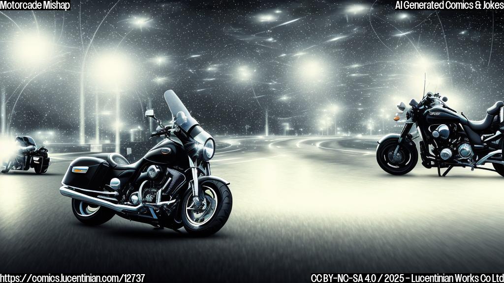Plain cartoon style image of two generic motorcycles colliding on a highway, with generic police lights flashing. The background shows a blurred image of a generic black car.