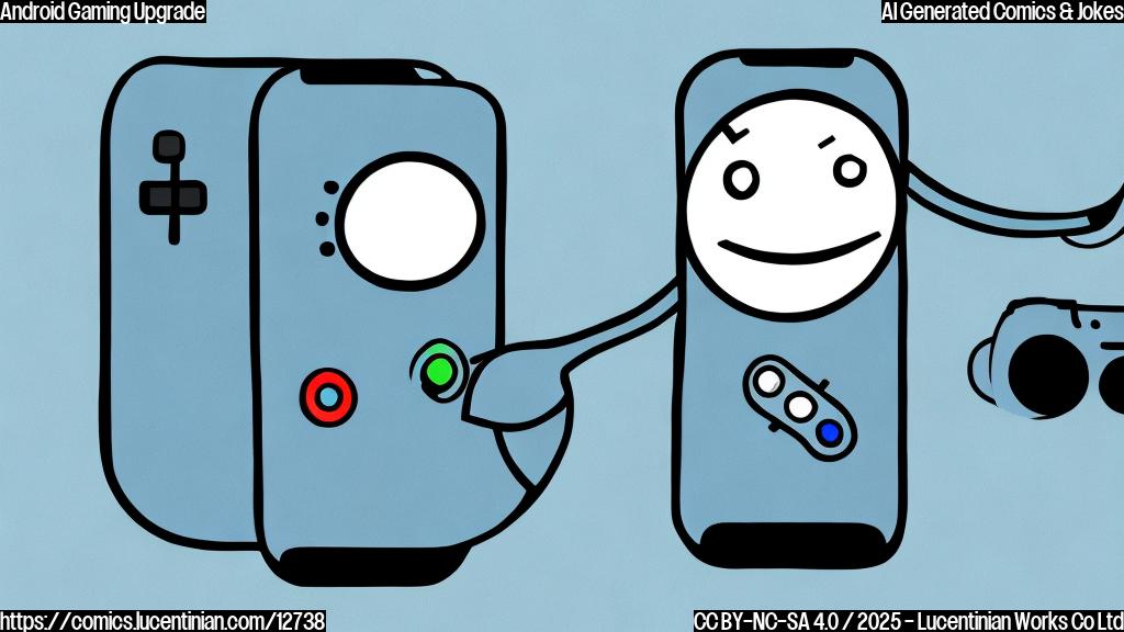 A cartoon drawing of a smiling android phone with a game controller icon above it, set against a plain light blue background.
