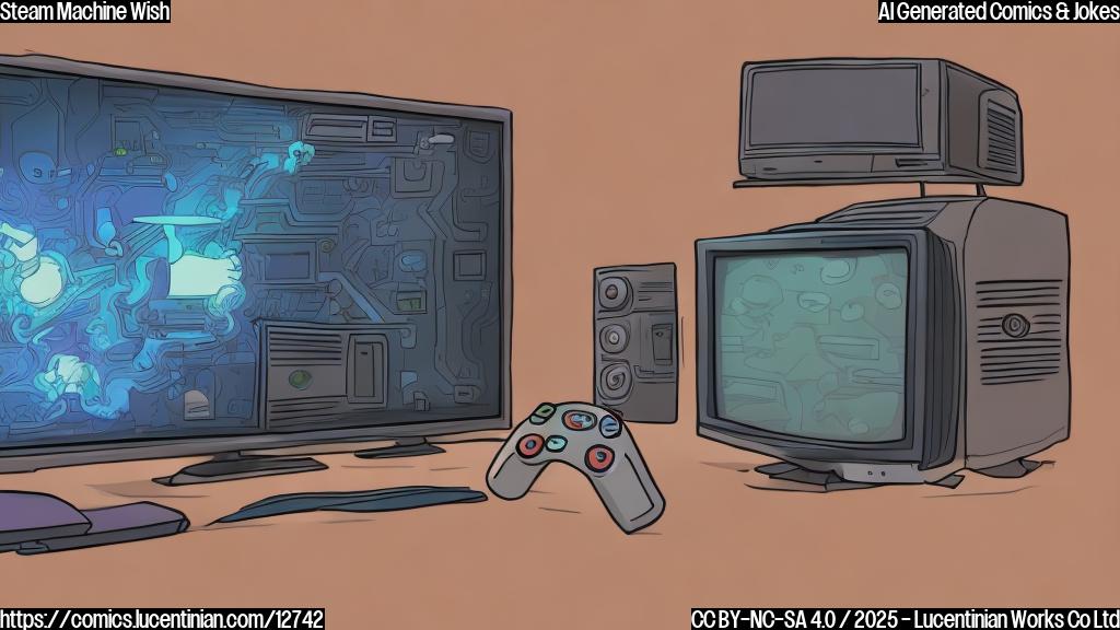 a plain color cartoon style picture of a TV with a game controller in front of it, and a road leading to a boxy PC tower with a steam icon on it.
