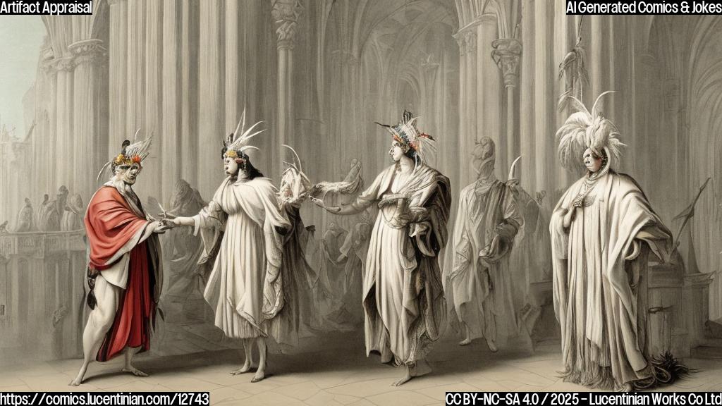 A cartoon-style image depicting a person with a headdress presenting a feathered object to a person wearing a white robe and a tall hat, with a building resembling a cathedral in the background. The color palette is plain and simple.