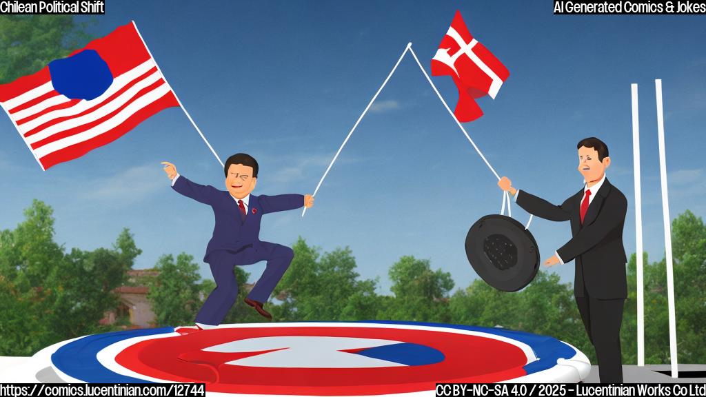A simple cartoon of a politician in a suit awkwardly holding a small trampoline, with the Chilean flag waving in the background. The color palette is limited to red, white, and blue.