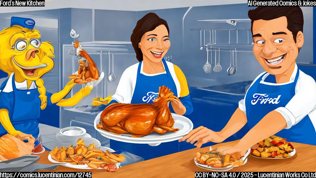 A cartoon image showing a person wearing a blue shirt with the Ford logo holding a ladder in a modern kitchen with a rotisserie chicken in the background, all in a plain color style.